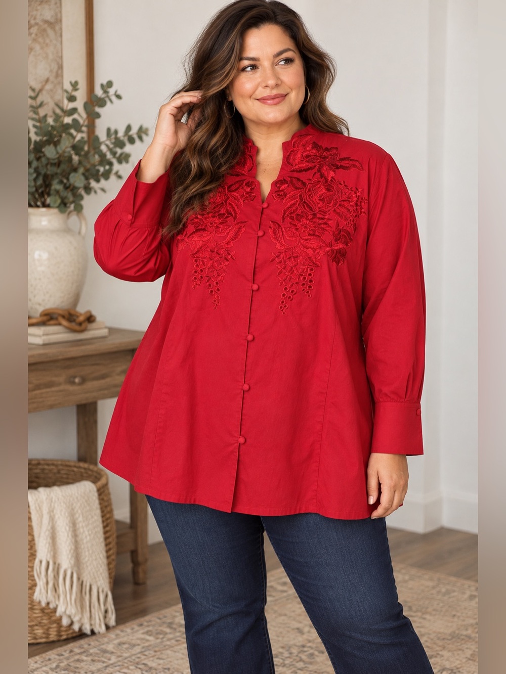 Dressbarn Woman 3X Red Embroidered Floral Mandarin Collar Tunic Blouse Plus
